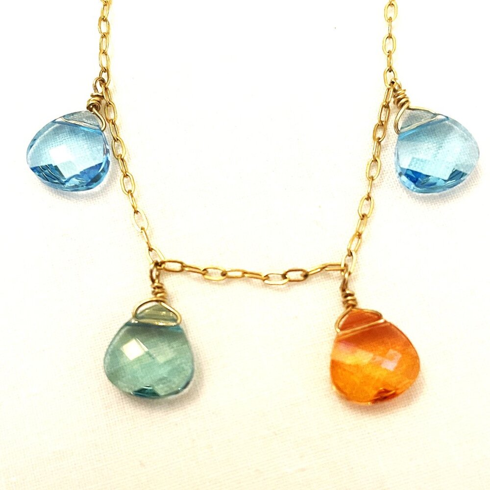 7" Delicate Gold tone Bracelet w/ 6 Teardrop Lucite Faceted Stones Orange & Blue